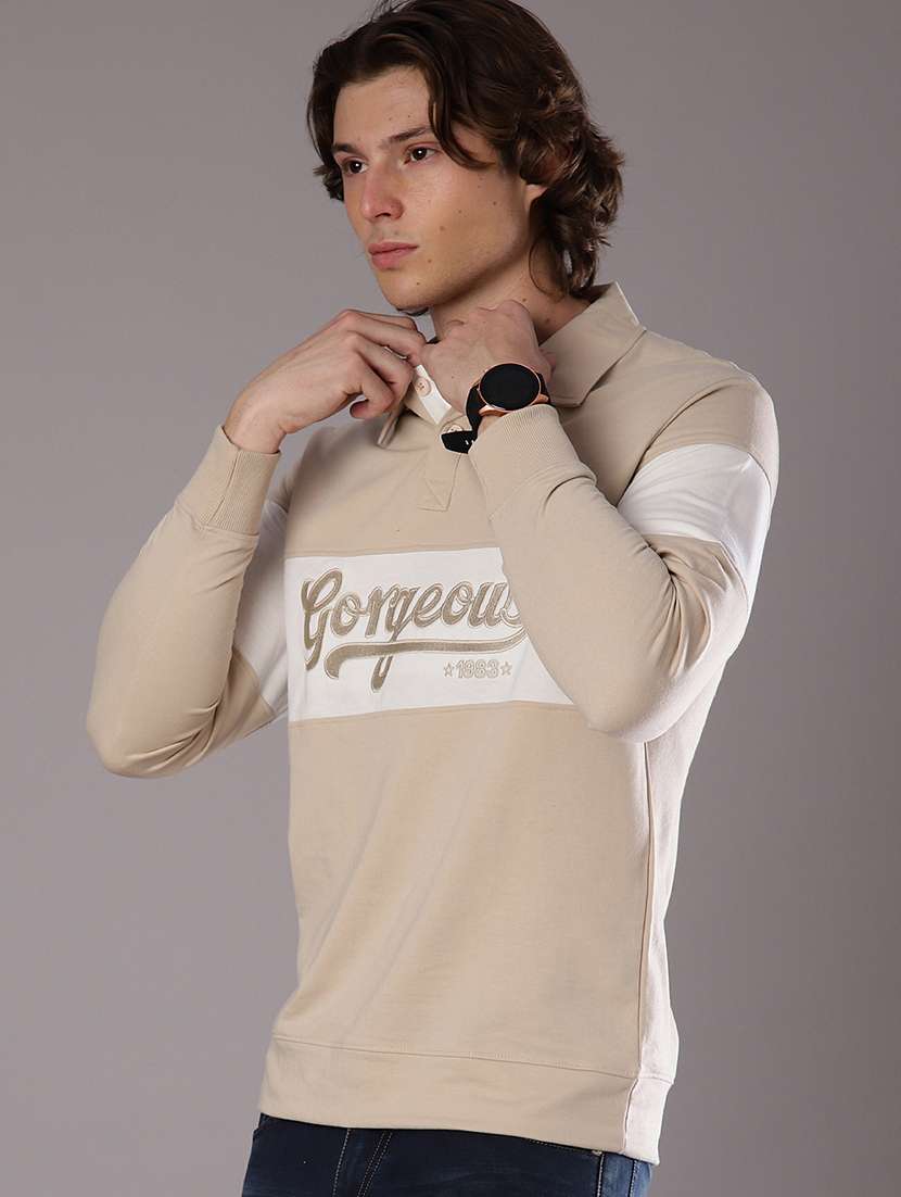 men chest print long sleeve slim fit polo t-shirt 