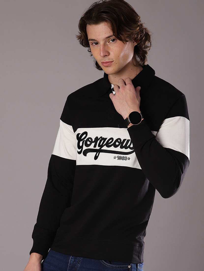 men chest print long sleeve slim fit polo t-shirt 