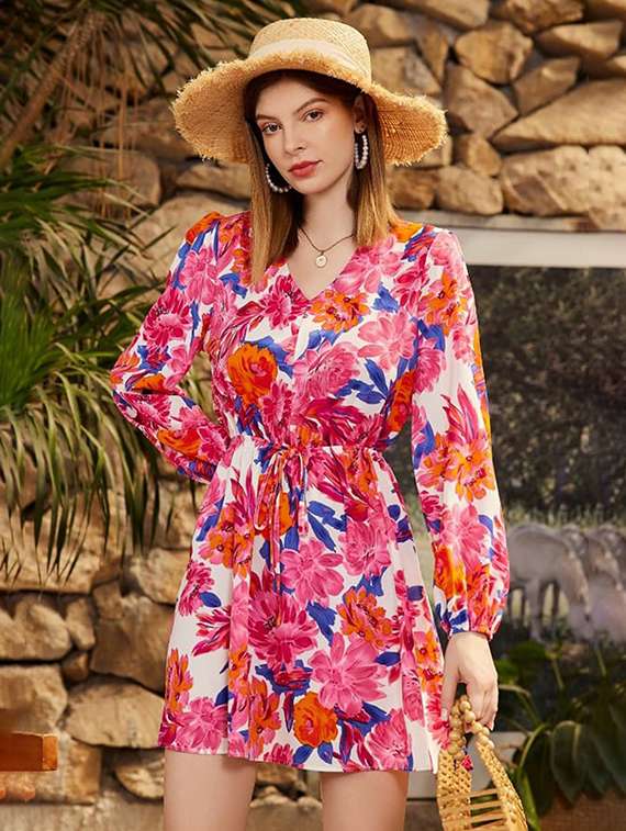 women floral print puff sleeve a-line dess - 21997789 -  Standard Image - 1