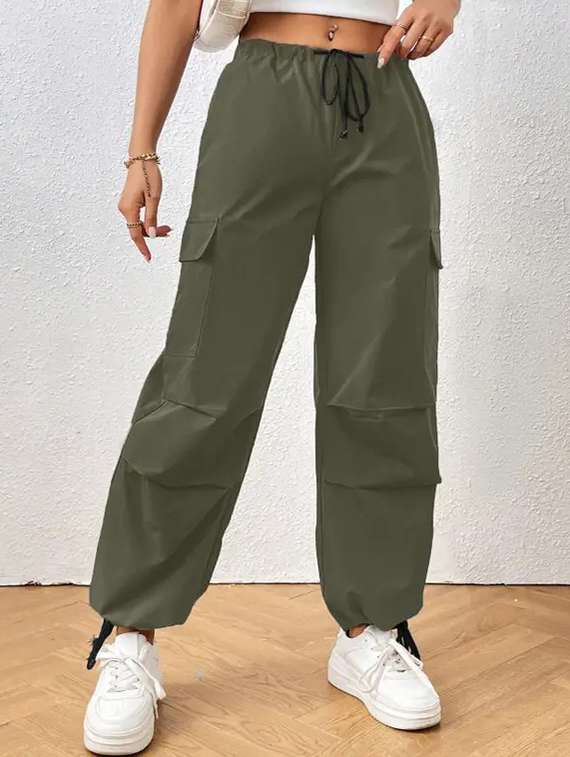 women olive solid high rise prachute pants 
