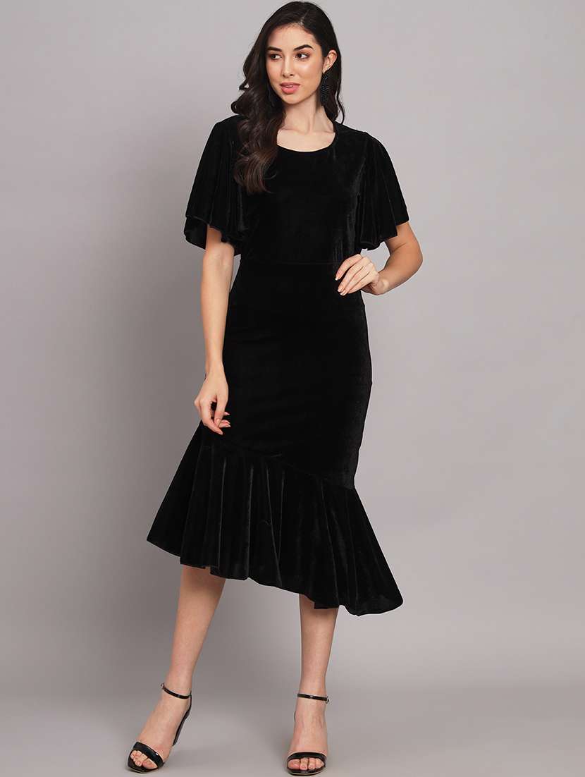 women solid flared sleeve velvet tiered dress