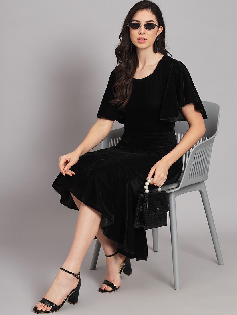 women solid flared sleeve velvet tiered dress - 21997833 - Standard Image - 1