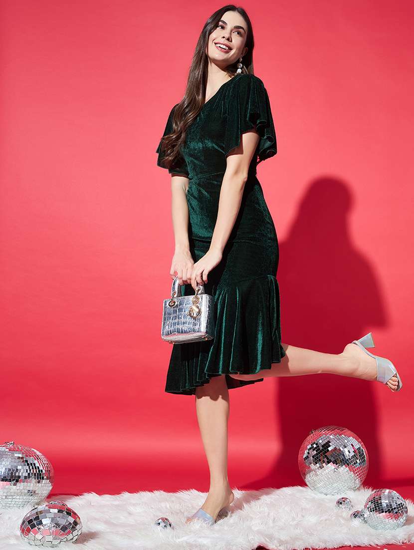 women solid flared sleeve velvet tiered dress - 21997834 - Standard Image - 1