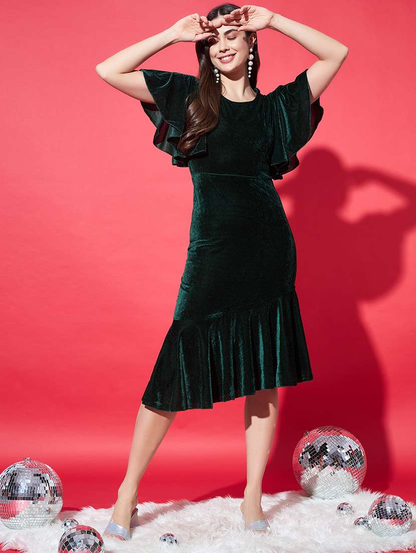 women solid flared sleeve velvet tiered dress - 21997834 - Standard Image - 4
