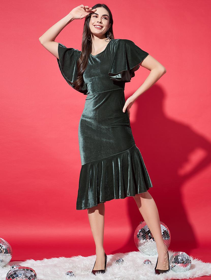 women solid flared sleeve velvet tiered dress - 21997835 - Standard Image - 4