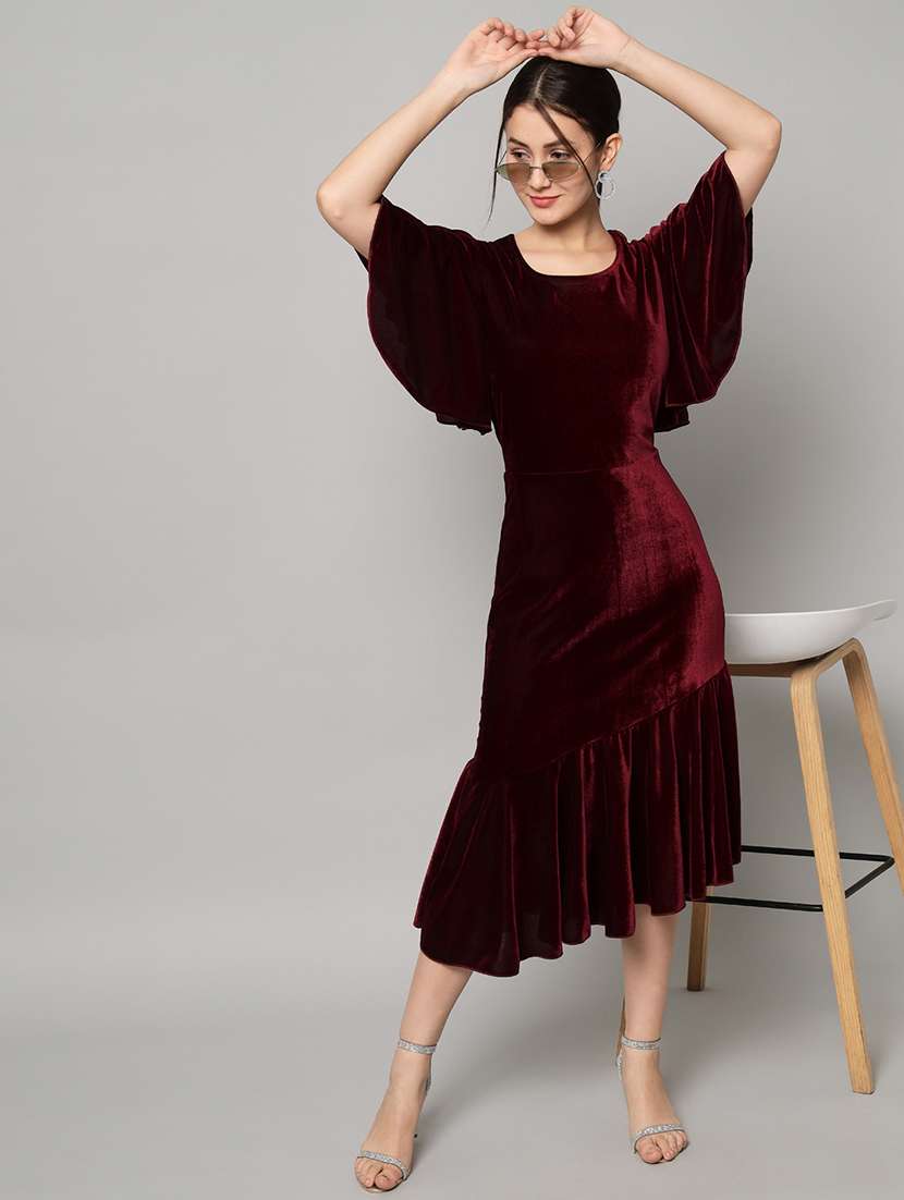 women solid flared sleeve velvet tiered dress