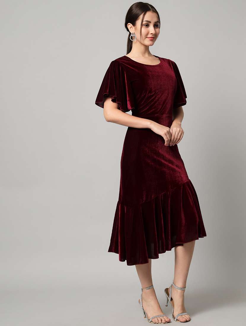 women solid flared sleeve velvet tiered dress - 21997838 -  Standard Image - 1
