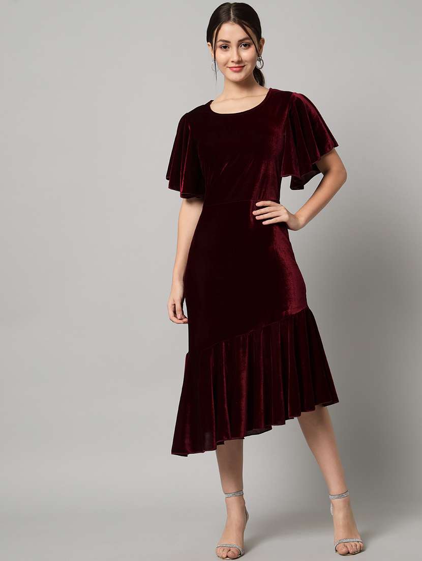 women solid flared sleeve velvet tiered dress - 21997838 -  Standard Image - 4