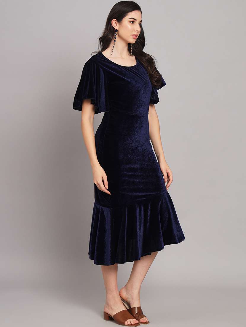 women solid flared sleeve velvet tiered dress - 21997839 - Standard Image - 1