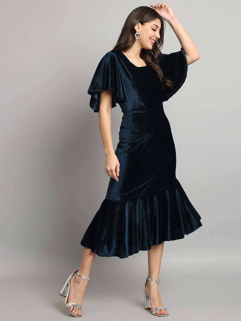 women solid flared sleeve velvet tiered dress - 21997840 - Standard Image - 1