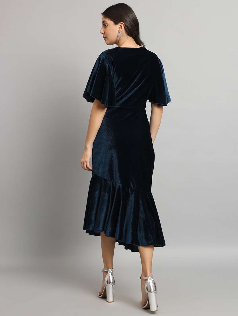 women solid flared sleeve velvet tiered dress - 21997840 - Standard Image - 4