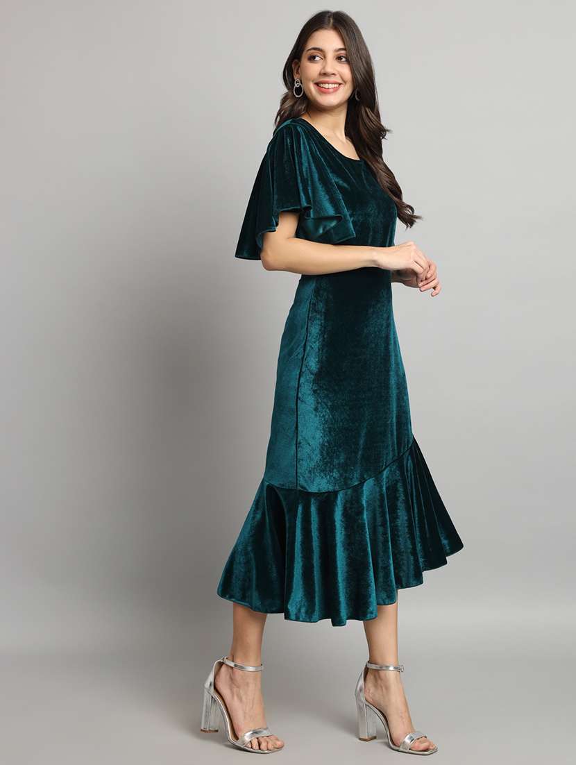 women solid flared sleeve velvet tiered dress - 21997841 -  Standard Image - 1