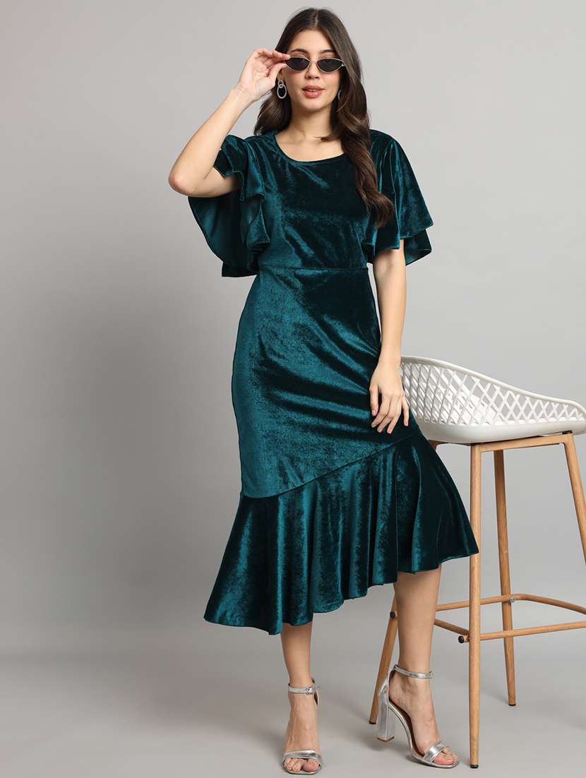 women solid flared sleeve velvet tiered dress - 21997841 -  Standard Image - 4