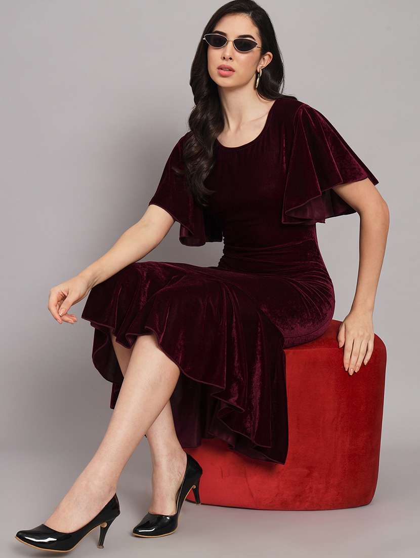 women solid flared sleeve velvet tiered dress - 21997842 - Standard Image - 1