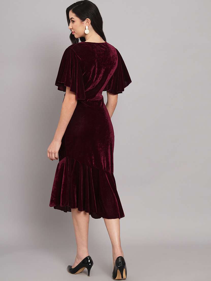 women solid flared sleeve velvet tiered dress - 21997842 - Standard Image - 4
