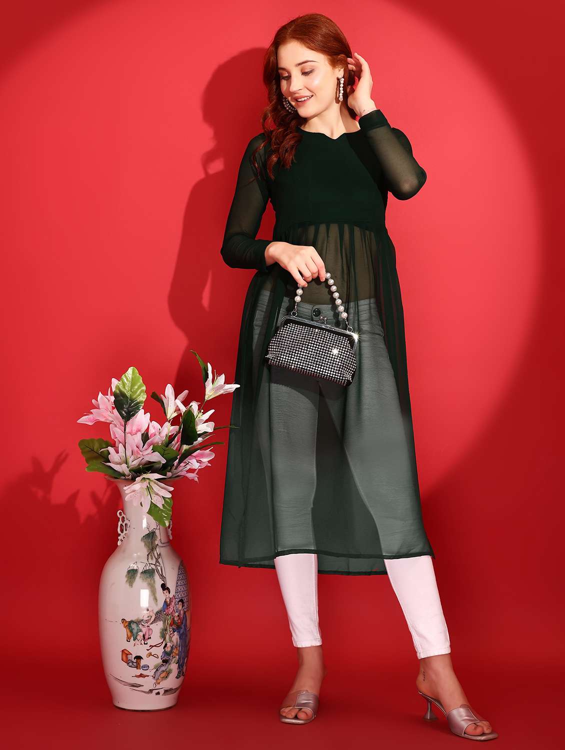 women solid long sleeve a-line kurta