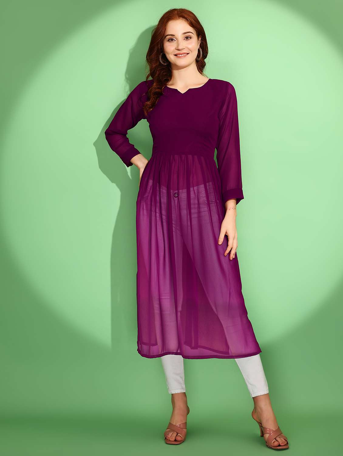 women solid long sleeve a-line kurta - 21997845 -  Standard Image - 1