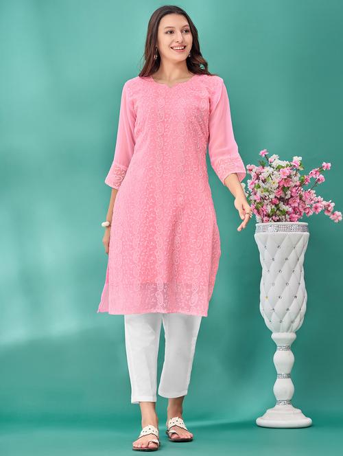 women solid with work three quarter sleeve straight kurta - 21997851 - Standard Image - 0