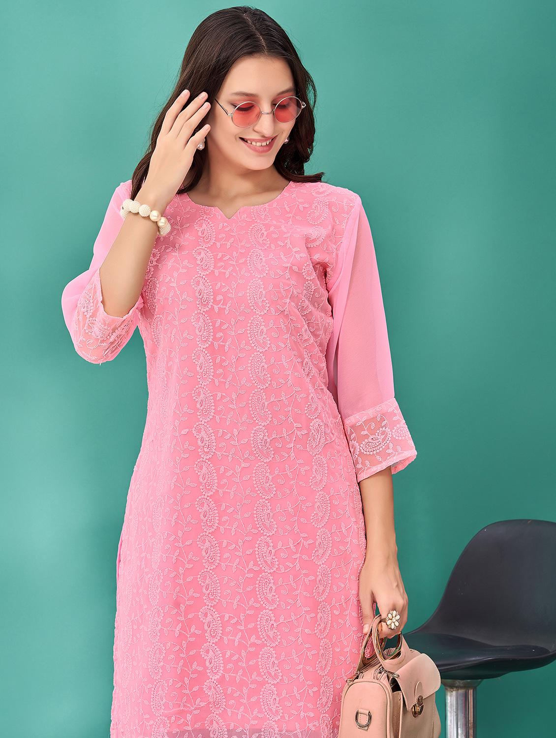 women solid with work three quarter sleeve straight kurta - 21997851 -  Standard Image - 1