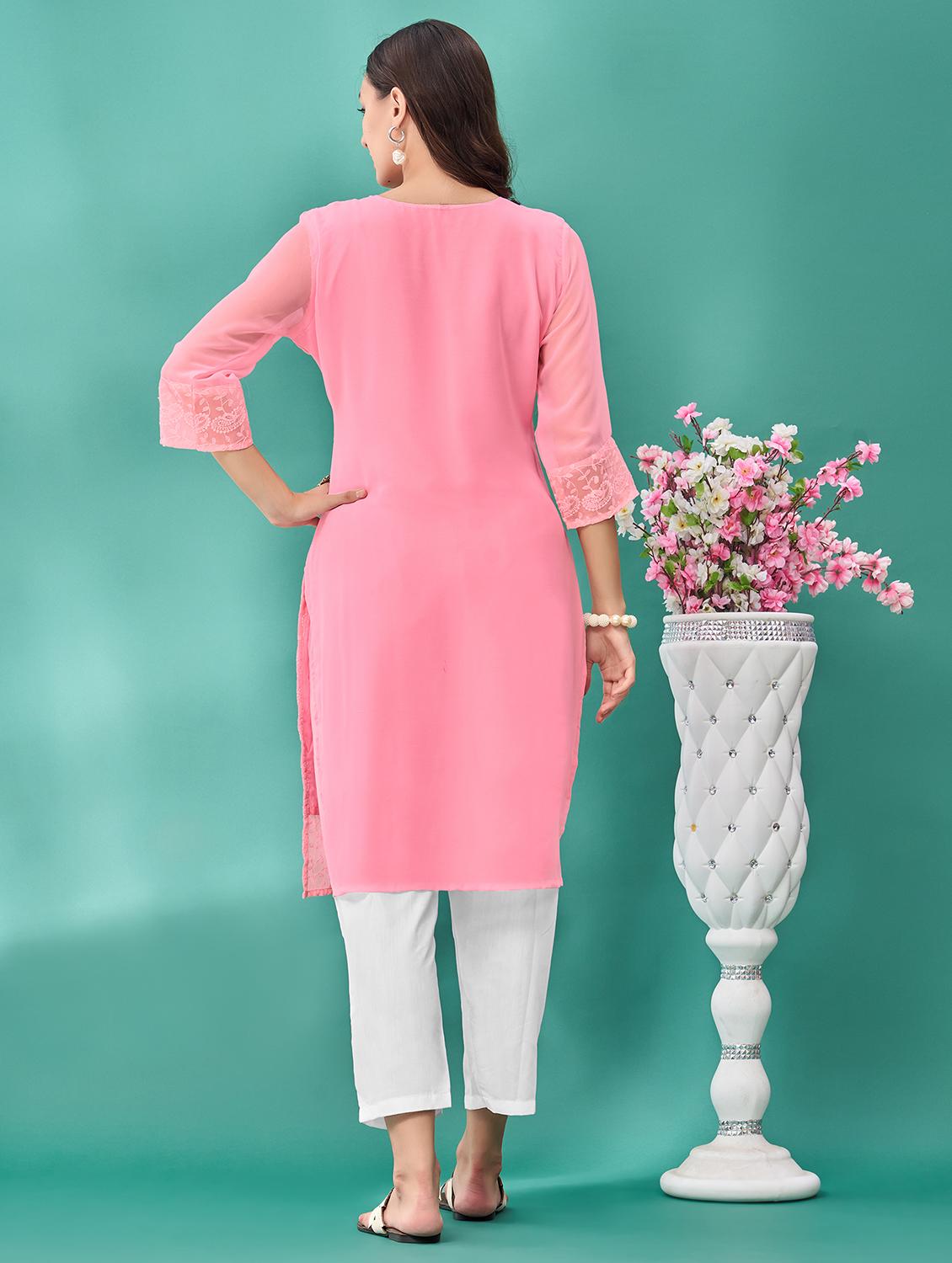 women solid with work three quarter sleeve straight kurta - 21997851 - Standard Image - 4