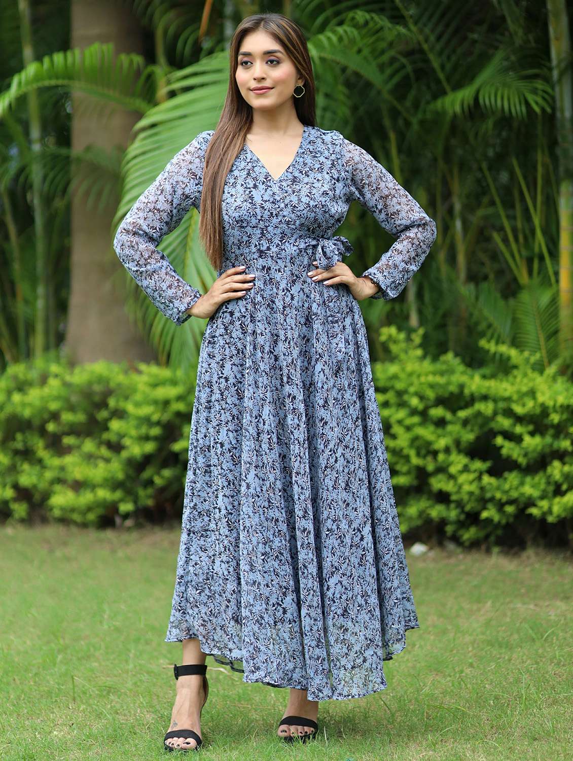 women printed long sleeve fit & flare maxi dress