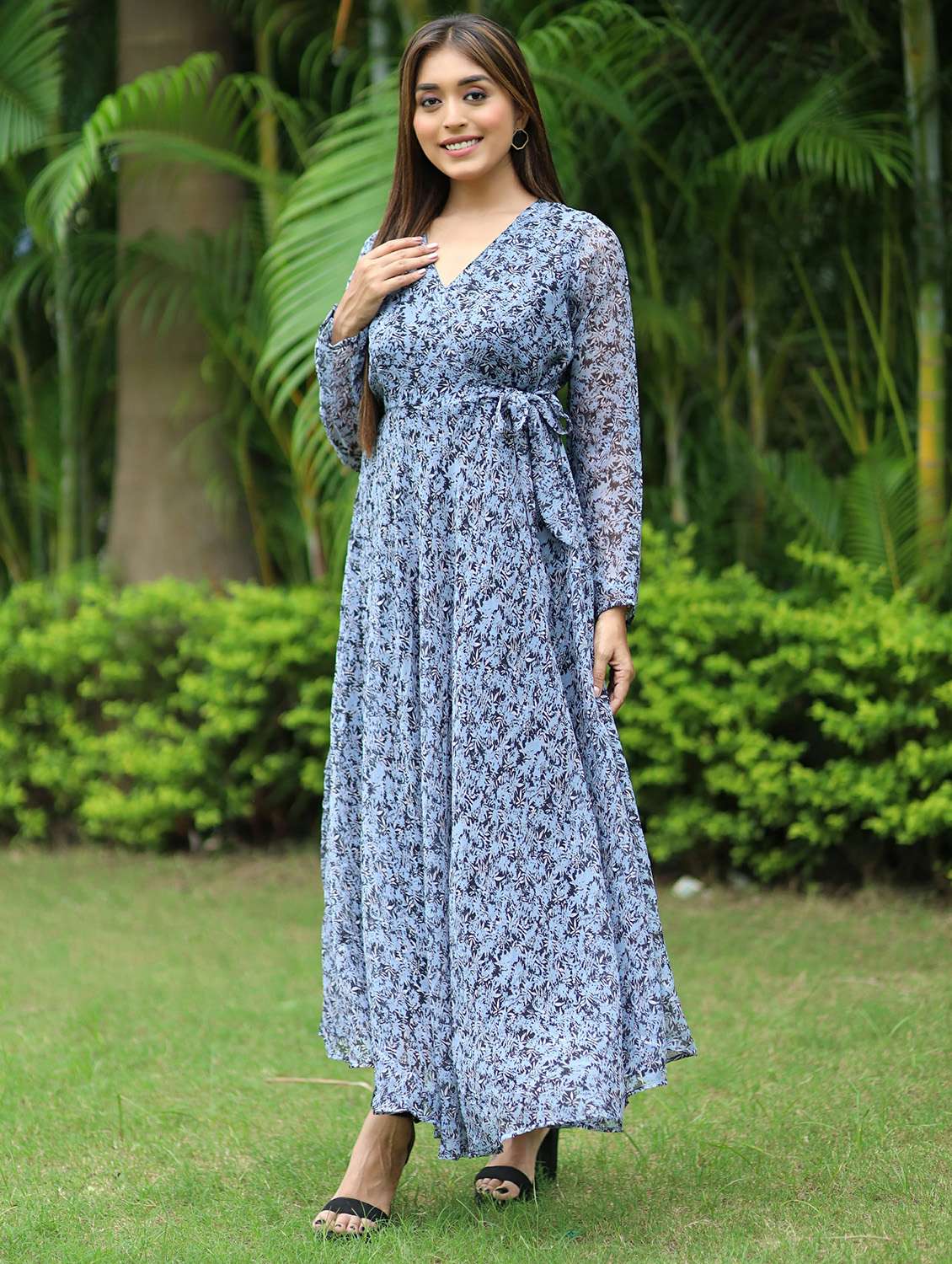 women printed long sleeve fit & flare maxi dress - 21997855 -  Standard Image - 1