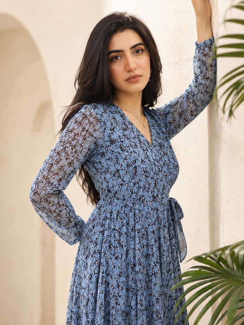 women printed long sleeve fit & flare maxi dress - 21997855 -  Standard Image - 1