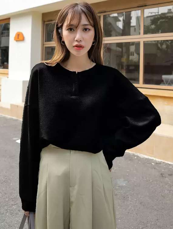 women solid long sleeve relaxed fit knitted top
