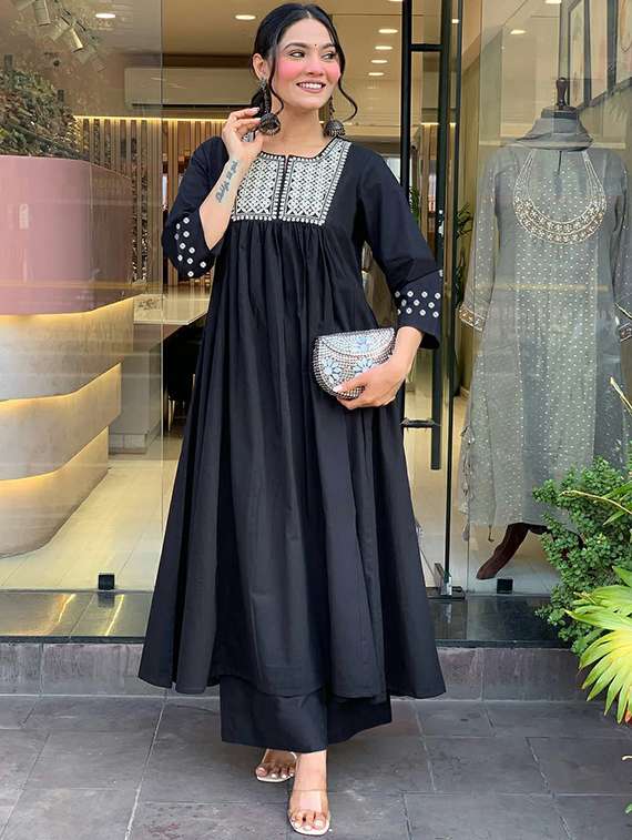 women solid with work three quarter sleeve kurta palazzo set - 21997869 -  Standard Image - 1