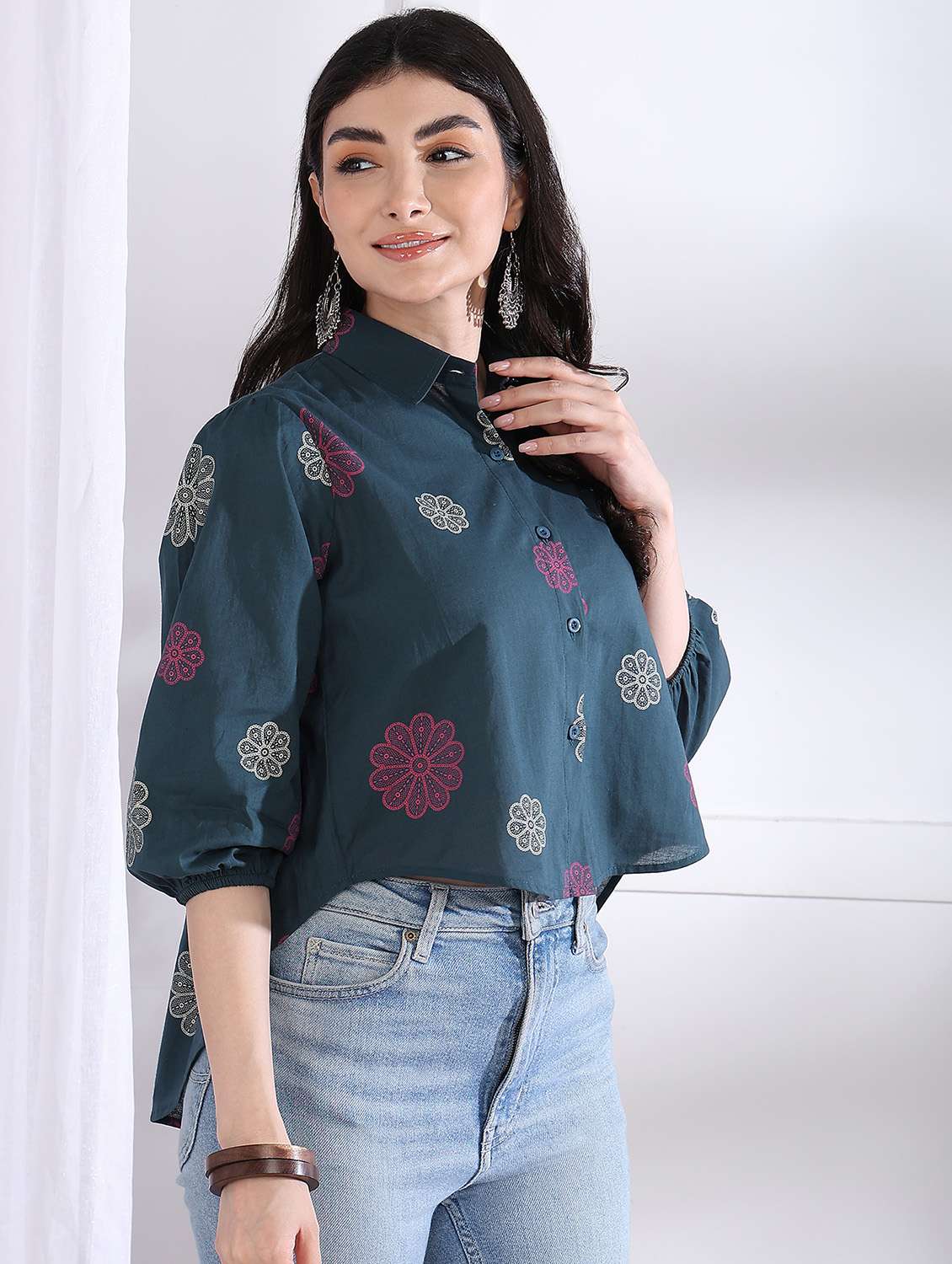 women printed puff sleeve collared high low top - 21997882 -  Standard Image - 1