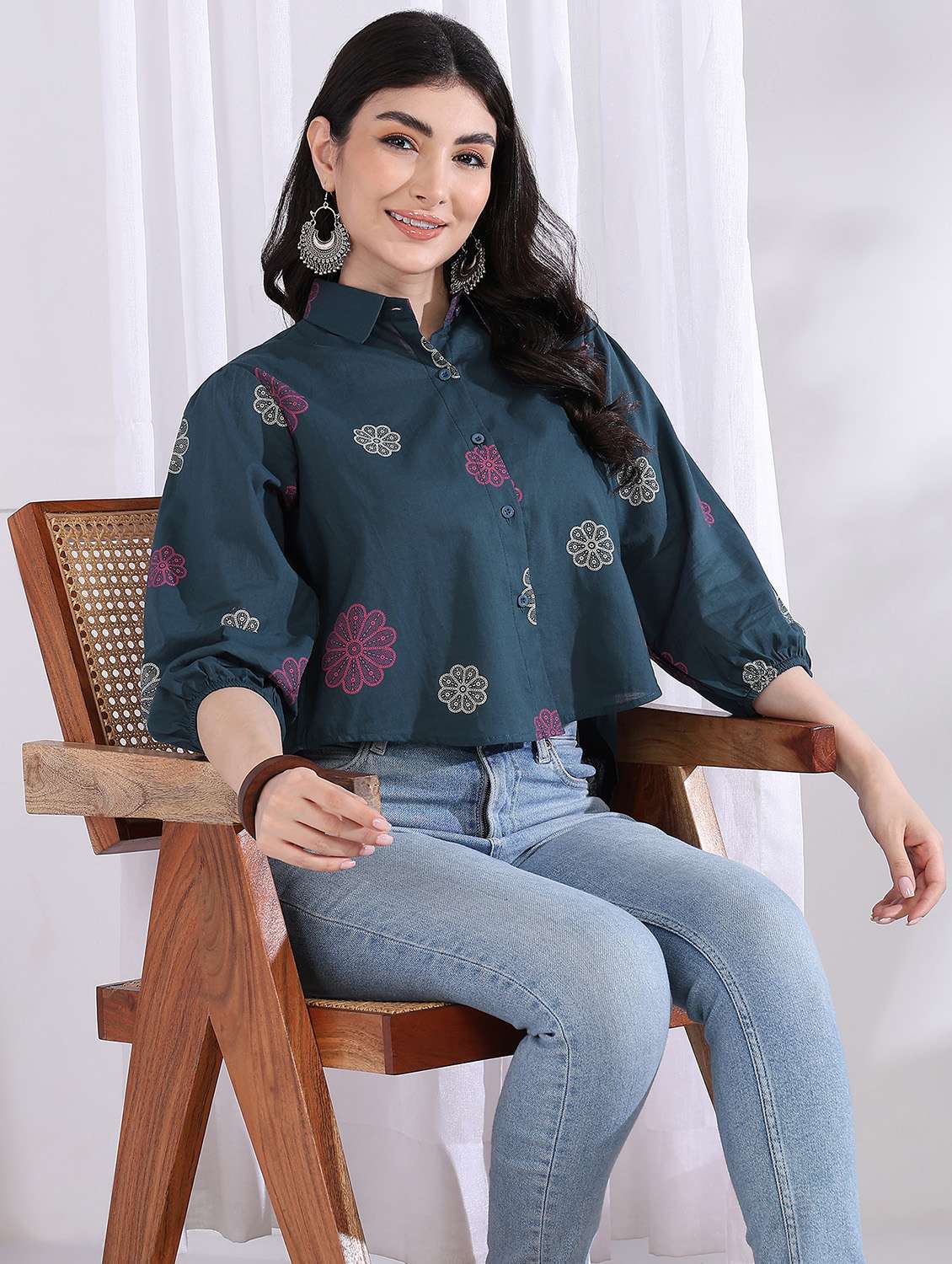 women printed puff sleeve collared high low top - 21997882 -  Standard Image - 4