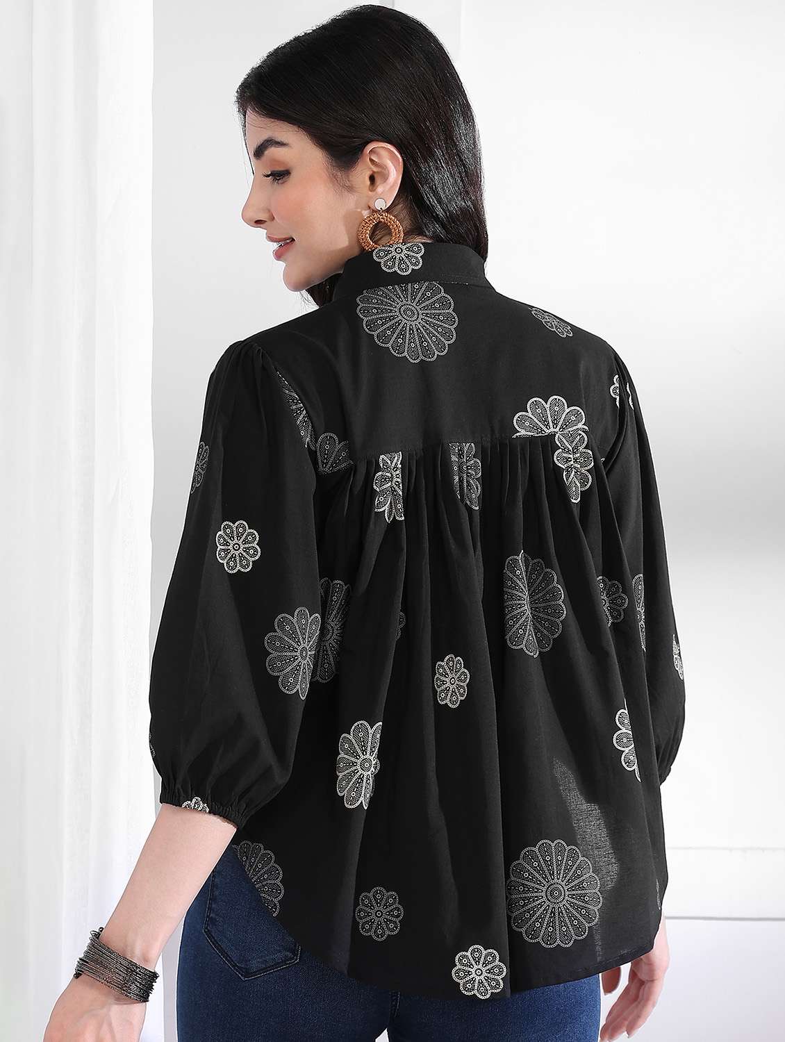 women printed puff sleeve collared high low top - 21997883 -  Standard Image - 4