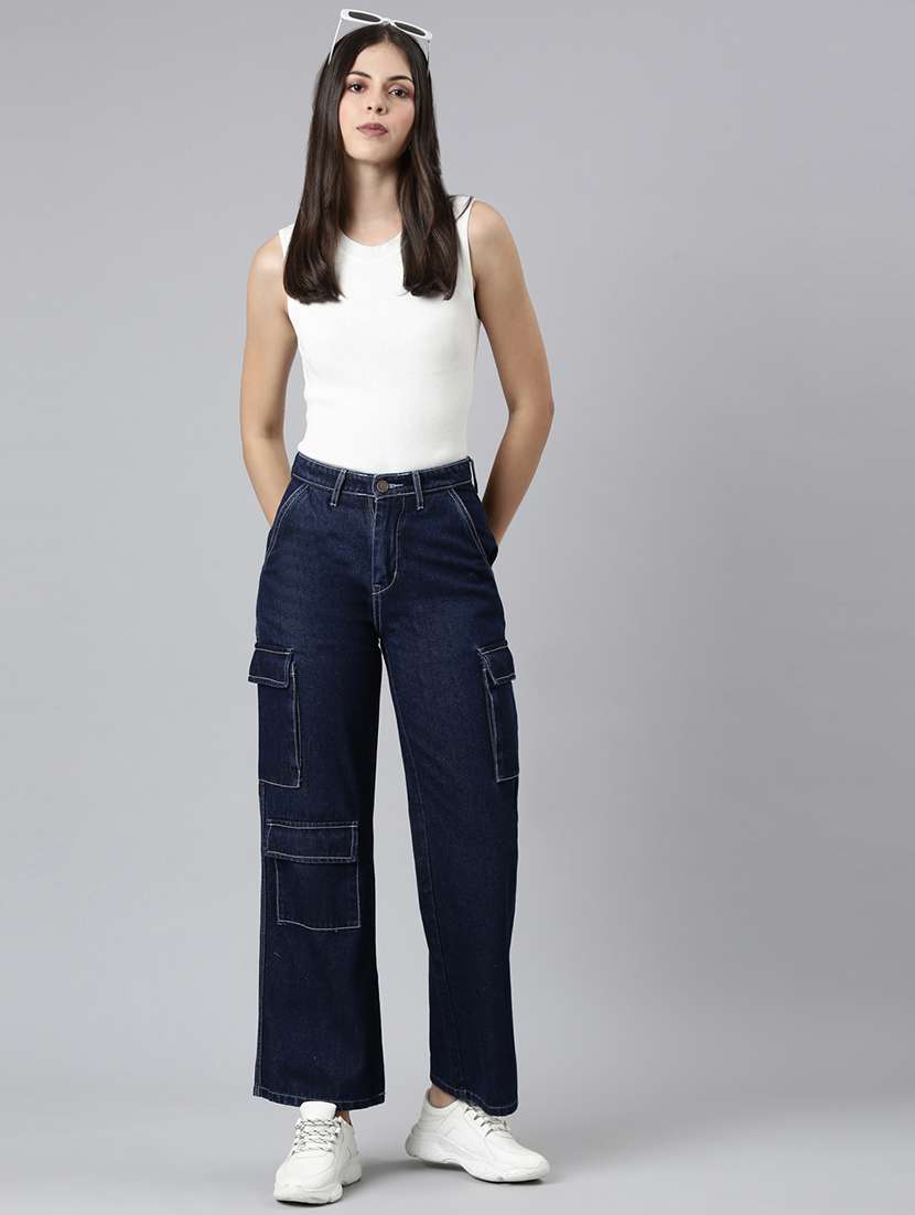 women solid high rise denim cargo - 21997886 - Standard Image - 6