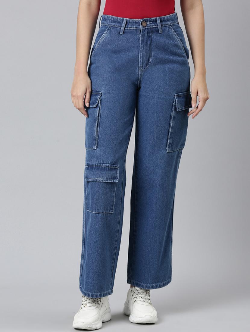 wome solid mid rise denim cargo - 21997887 - Standard Image - 1