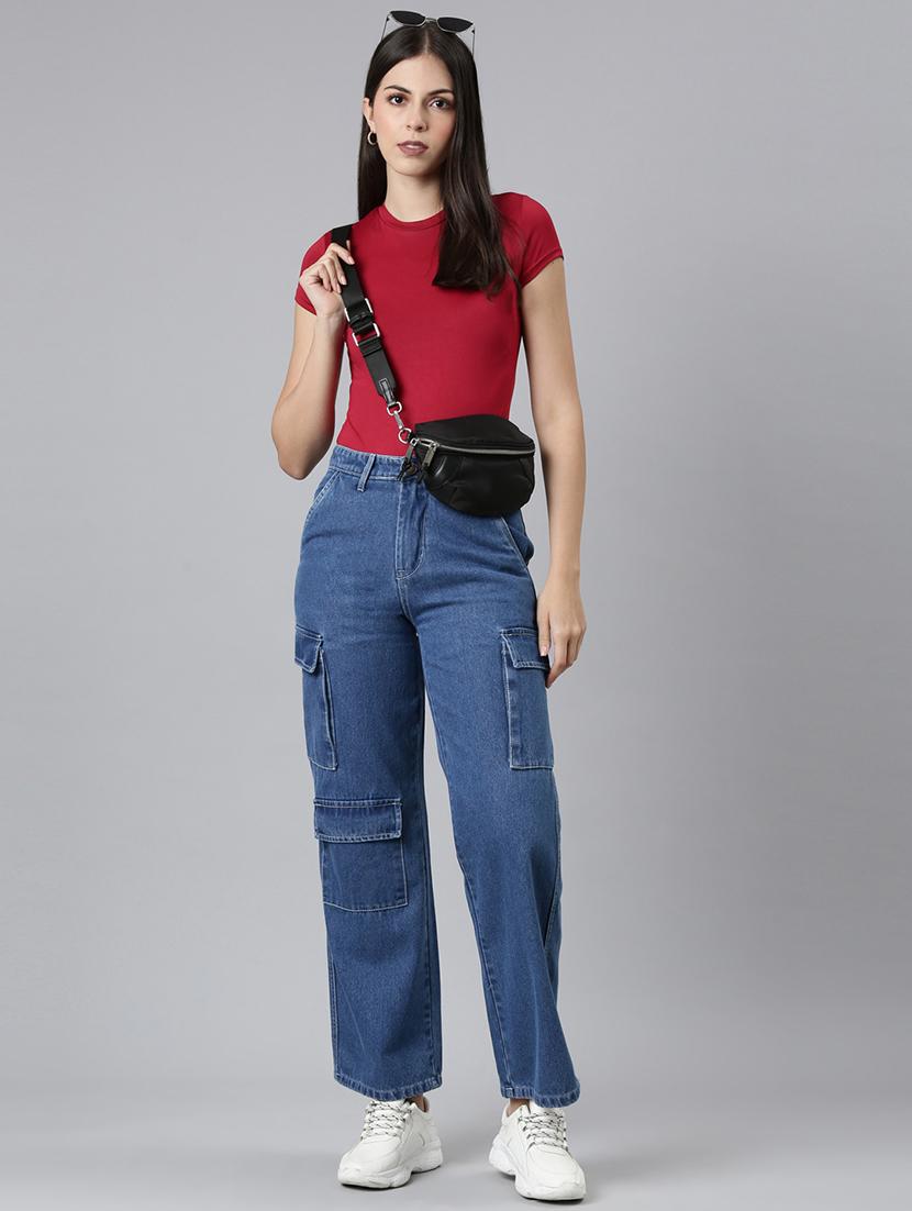 wome solid mid rise denim cargo - 21997887 - Standard Image - 6