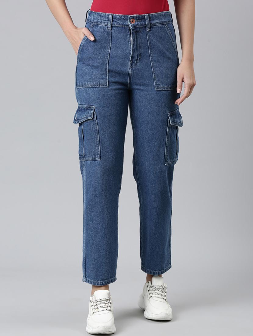women solid mid rise denim cargo - 21997888 - Standard Image - 1