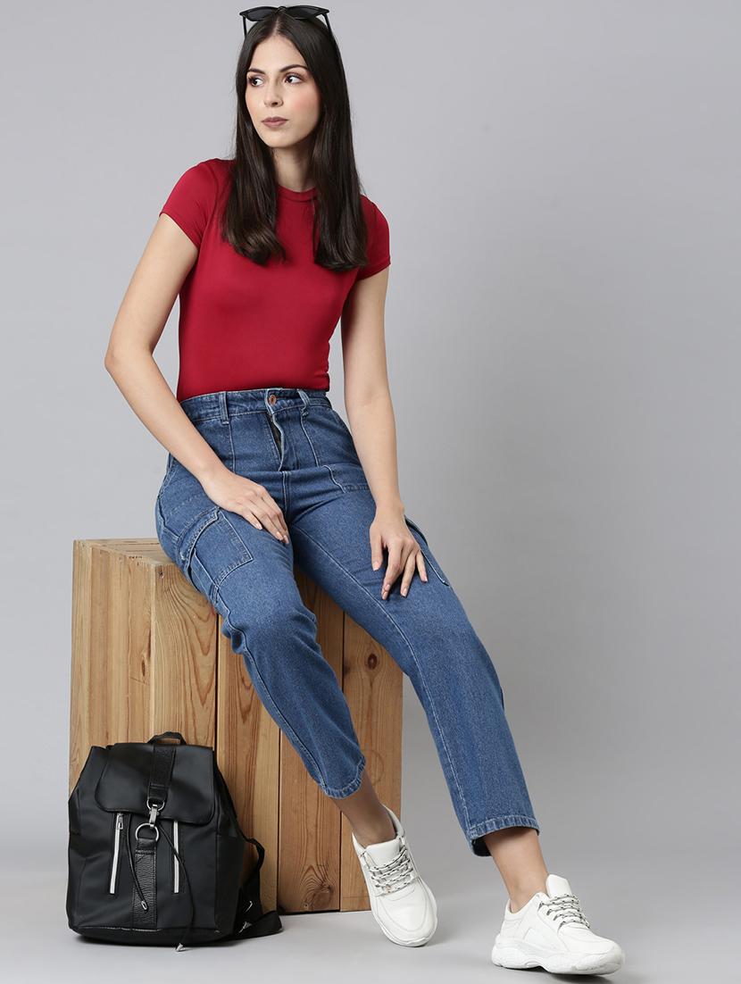 women solid mid rise denim cargo - 21997888 - Standard Image - 6