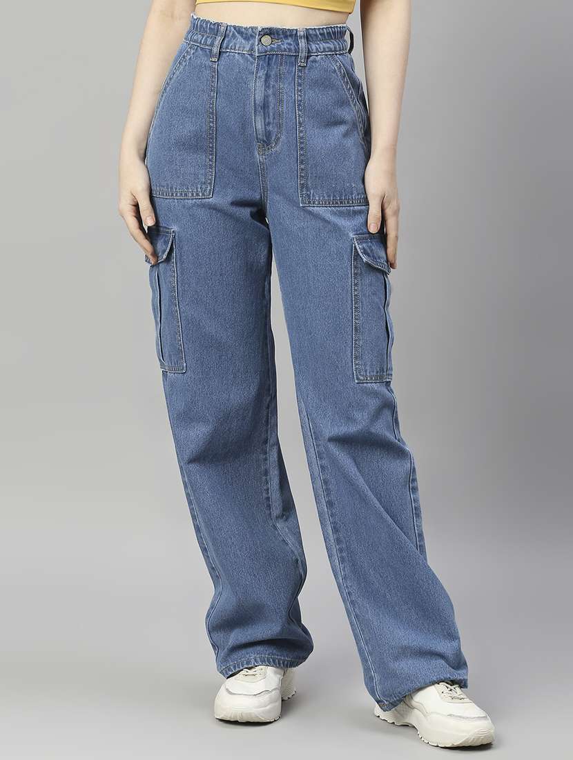 women solid high rise relaxed fit cargo
