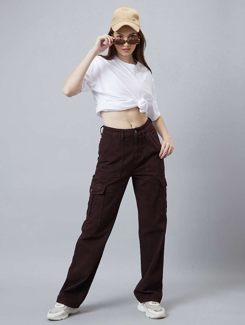 women solid high rise relaxed fit cargo - 21997896 -  Standard Image - 1