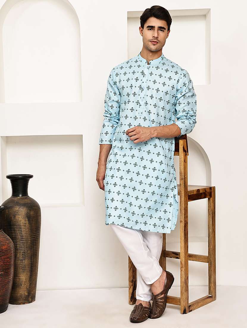 men printed mandarin neck long kurta