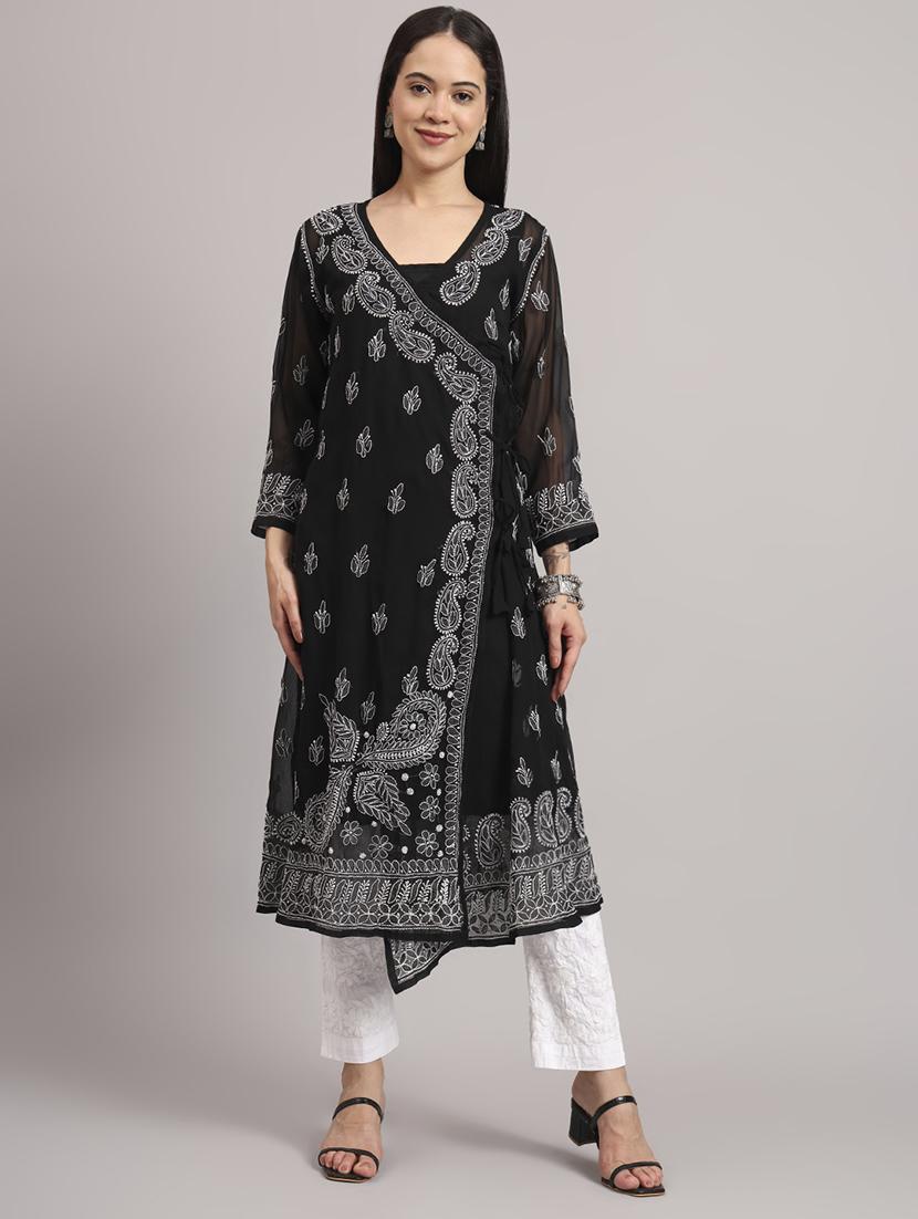 women solid with work long sleeve angrakha chikankari kurta - 21997964 -  Standard Image - 1