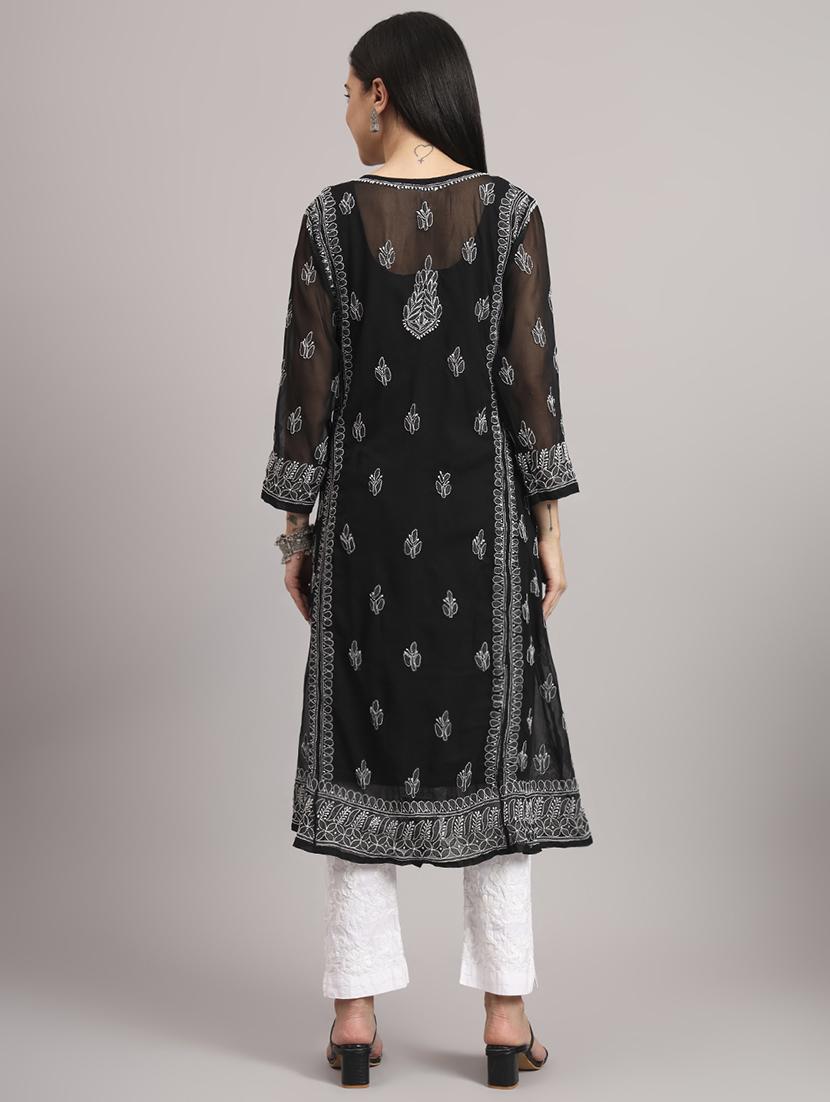women solid with work long sleeve angrakha chikankari kurta - 21997964 - Standard Image - 4