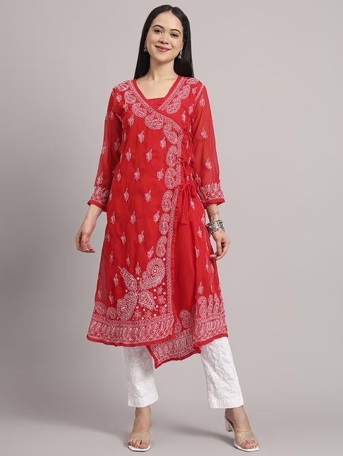 women solid with work long sleeve angrakha chikankari kurta - 21997965 -  Standard Image - 0