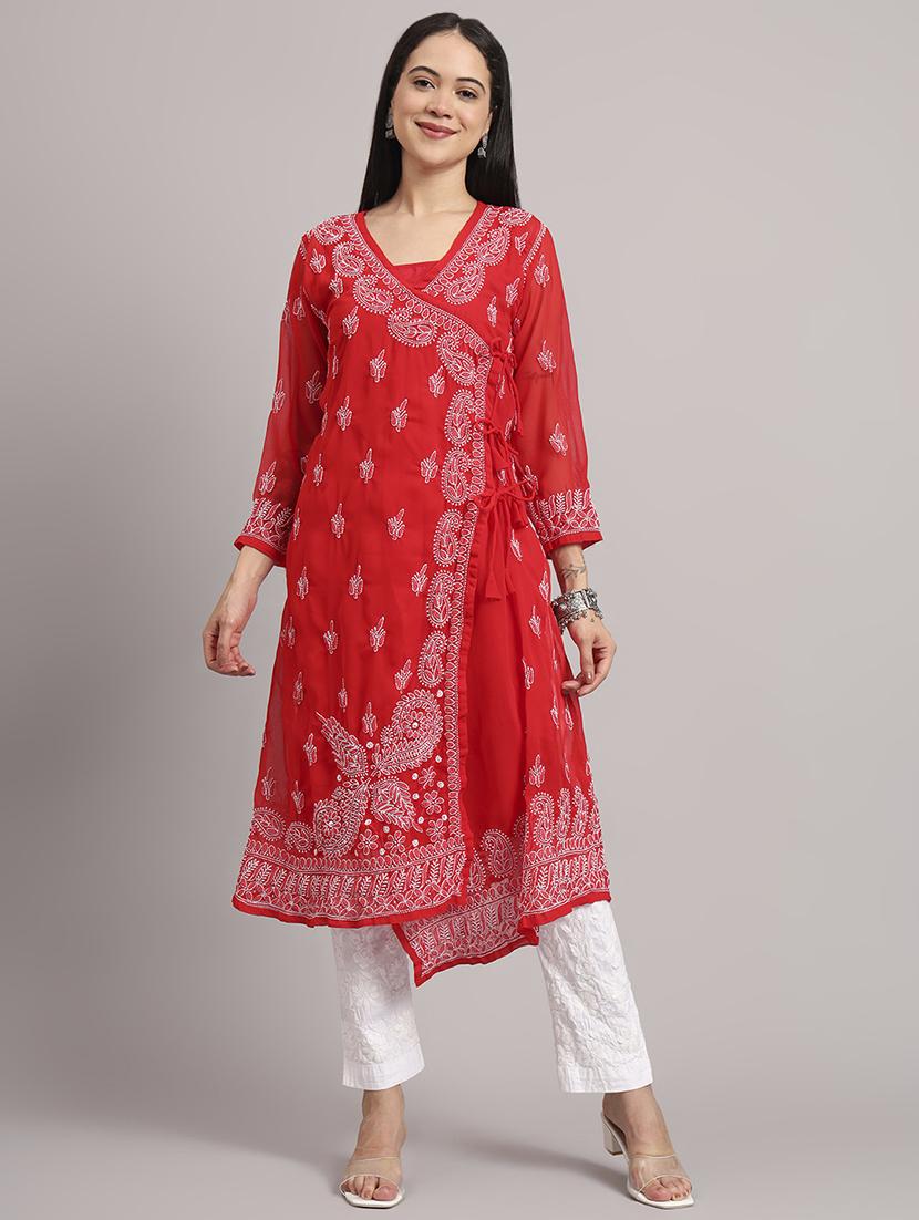 women solid with work long sleeve angrakha chikankari kurta - 21997965 -  Zoom Image - 0