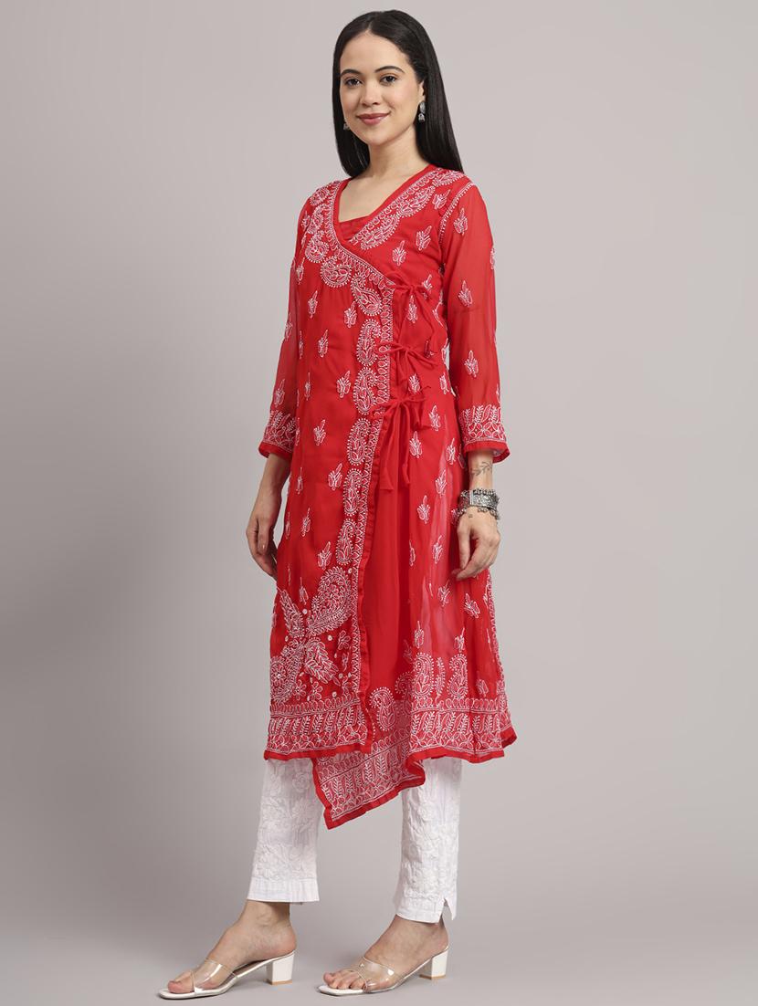 women solid with work long sleeve angrakha chikankari kurta - 21997965 -  Standard Image - 1