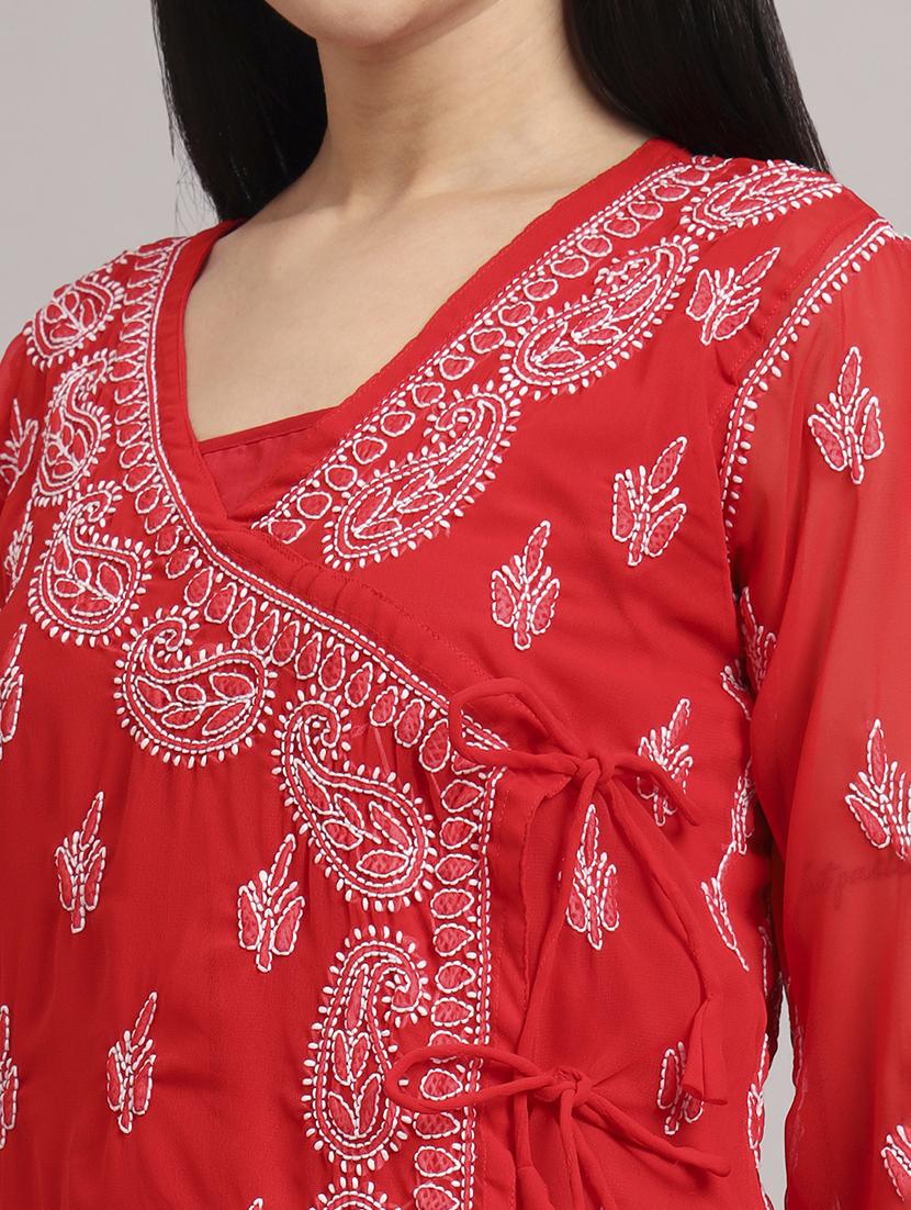 women solid with work long sleeve angrakha chikankari kurta - 21997965 - Standard Image - 4