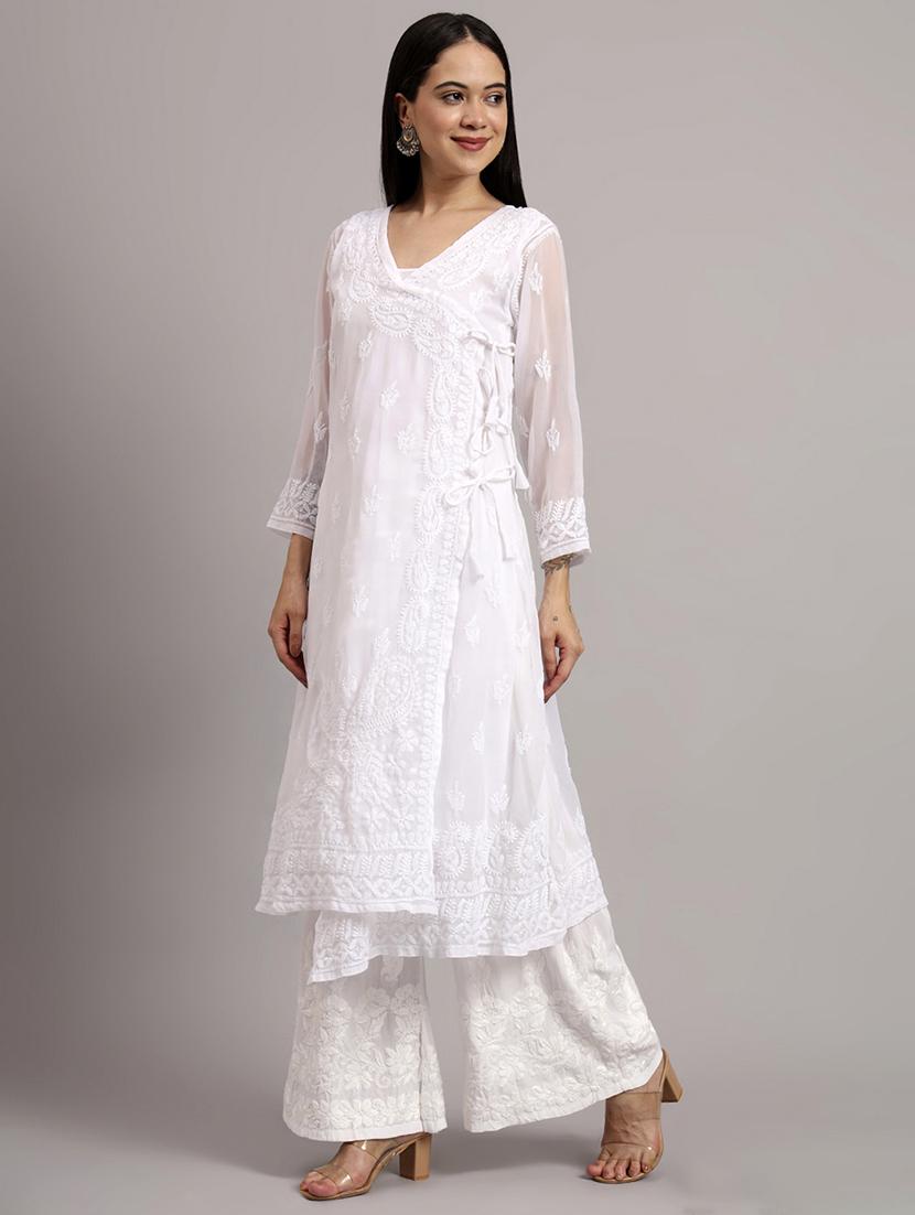 women solid with work long sleeve angrakha chikankari kurta - 21997966 -  Standard Image - 1