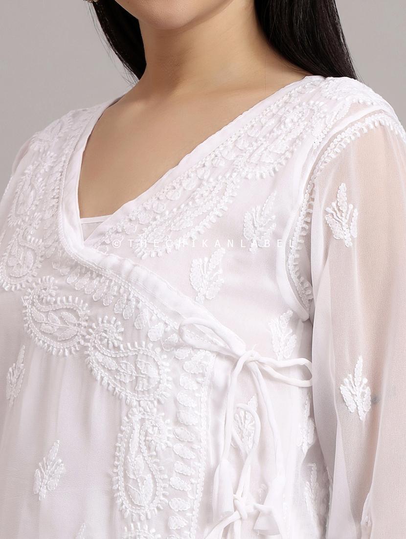 women solid with work long sleeve angrakha chikankari kurta - 21997966 - Standard Image - 4