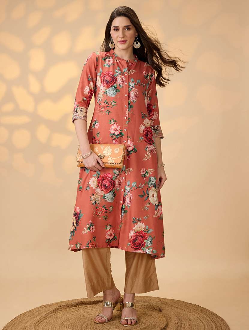 globus women orange mandarin collar embroidered hem sleeves floral print button down a-line festive kurta