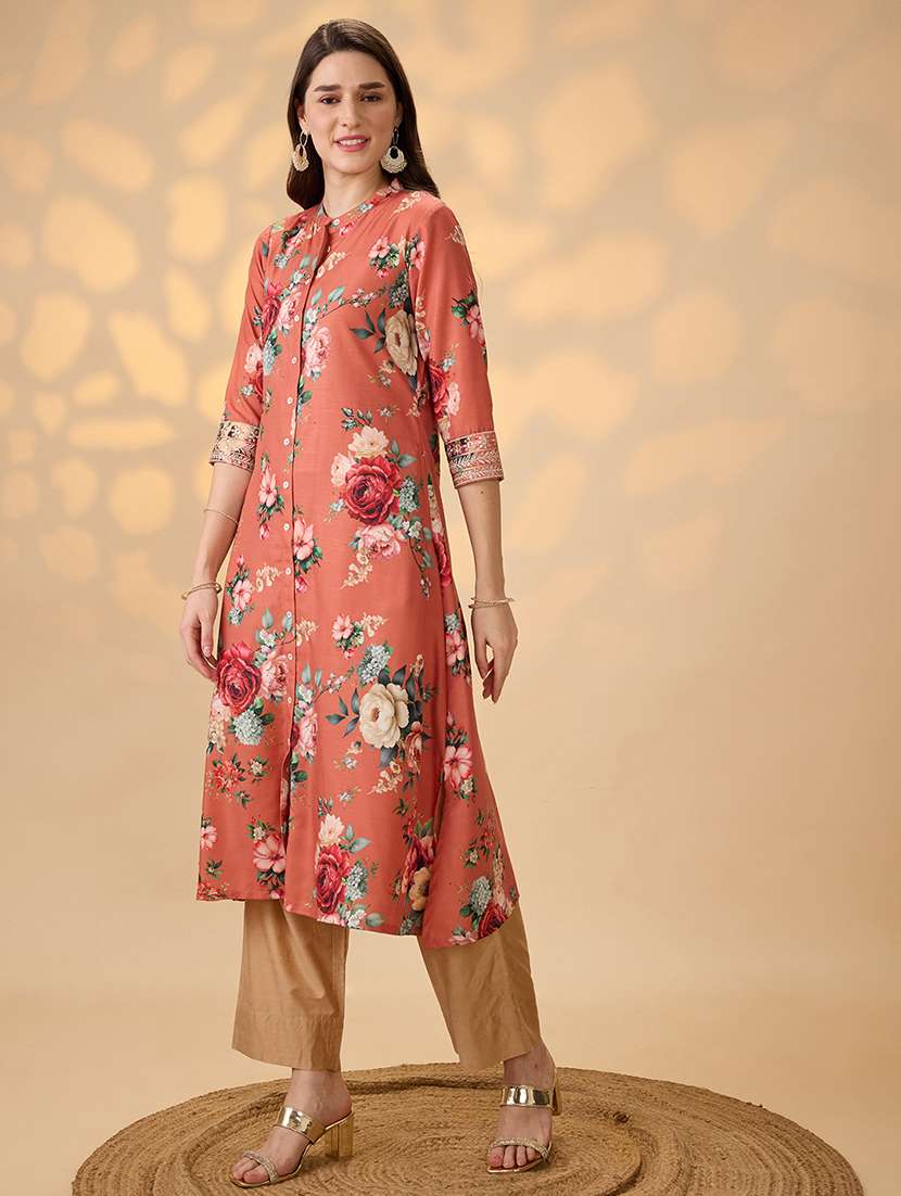 globus women orange mandarin collar embroidered hem sleeves floral print button down a-line festive kurta - 21997967 - Standard Image - 1